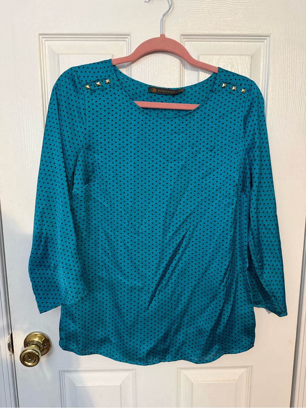 Outback Red Teal Dot-Print Stud-Accent Long Sleeve Blouse